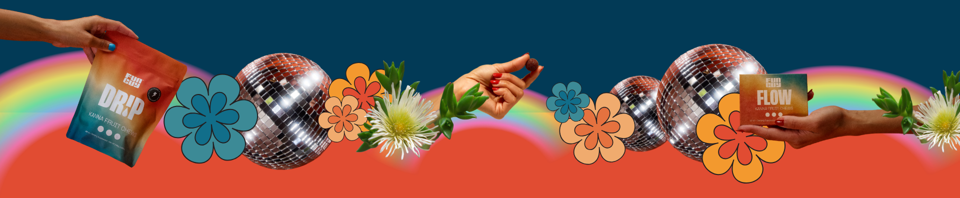 Colorful banner with hands holding products, flowers, and a rainbow.