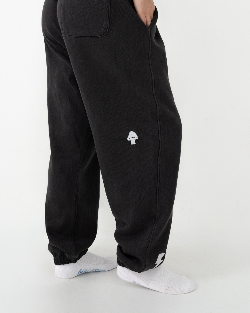 Person wearing black sweatpants with a small white logo on a white background