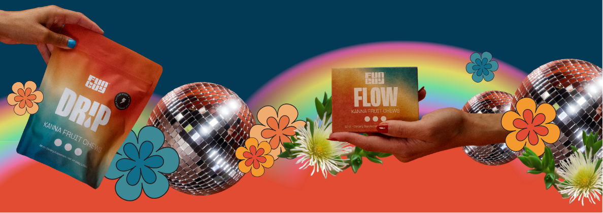 Two hands holding 'The Drip' and 'Flow' products with colorful flowers and disco balls on a gradient background.