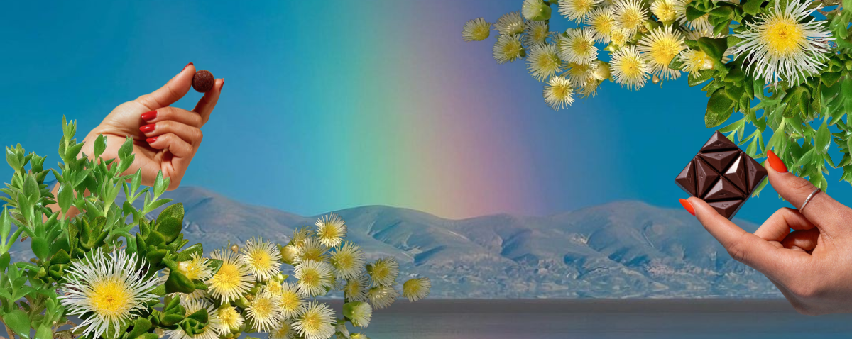 Hand holding a chocolate bar with a rainbow and mountain landscape in the background